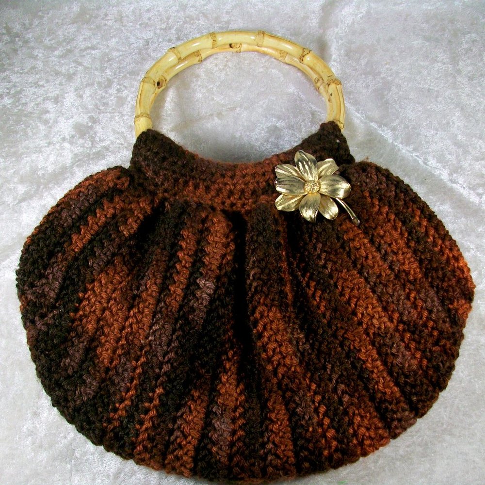 Handmade Crochet Brown Hobo Bag Purse Bamboo Handles Gold Tone Dogwood Flower